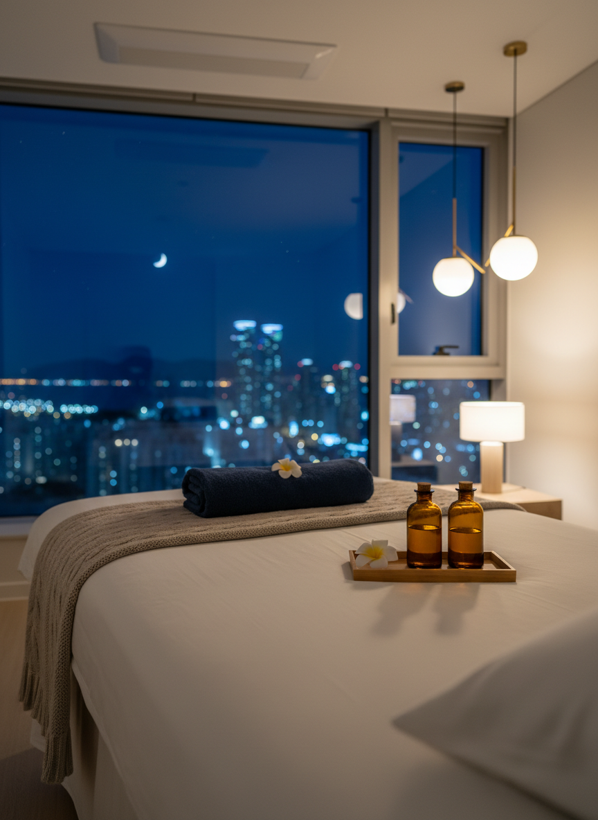 A luxurious massage bed neatly prepared with crisp white linens and a soft beige blanket, accented by a neatly folded navy towel and a small wooden tray holding amber glass aromatherapy bottles and a single white flower. The setting is a minimalist, high-end home interior in Busan, with a glimpse of a nighttime city skyline and distant sea through a large window. Warm, diffused pendant lighting and soft table lamps create gentle highlights on the glass bottles and subtle shadows along the bed. Photographic realism, eye-level composition with shallow depth of field, conveys a calm, professional, and premium women-only home massage atmosphere, clean and modern, with the background softly blurred to focus on the treatment space.
