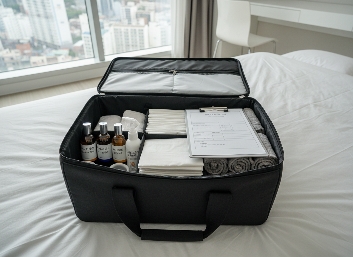 An overhead view of a meticulously organized therapist’s bag laid open on a clean white bedspread, containing labeled massage oils, disinfectant spray, fresh disposable sheets, neatly folded towels, and a clipboard with a blank consultation form in Korean. The bag is black and professional with structured compartments, set in a bright, minimal bedroom that suggests a Busan high-rise home. Soft, diffused daylight from a large window fills the scene without harsh shadows, creating a clinical yet welcoming atmosphere. Photographic realism with sharp focus across the frame emphasizes professionalism, hygiene, and trustworthiness of a women-only mobile massage service.